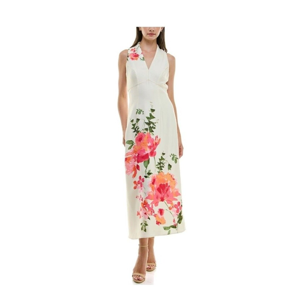 NEW Taylor Size 14 Floral Dress Shift V-Neck Sleeveless Cream Pink - Picture 8 of 9
